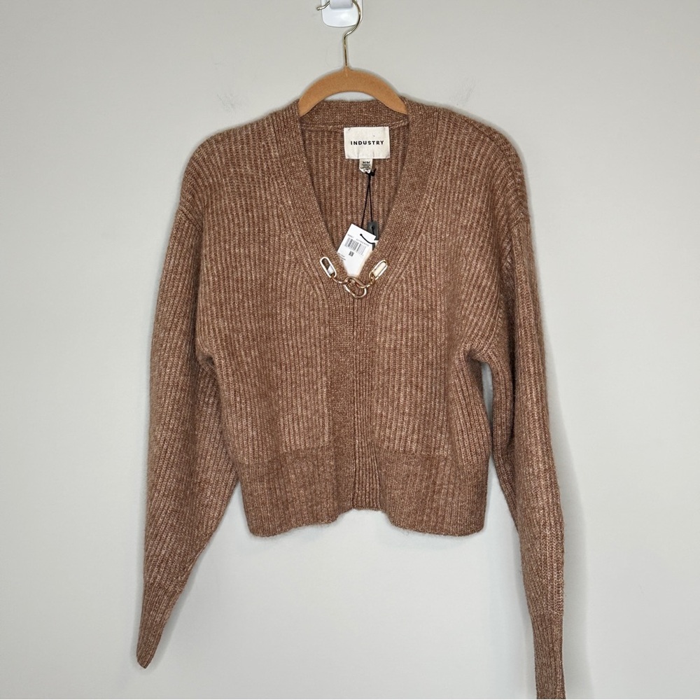 Industry Wool Blend Pullover Brown V-Neck Ribbed Cuffs
